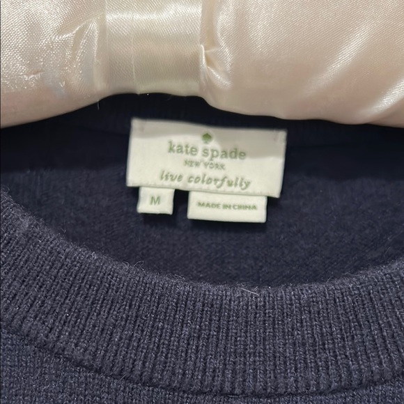 Kate Spade Womens  Sweater M Polka Dot Navy Cream Cashmere Blend Short Sleeve - Picture 3 of 9